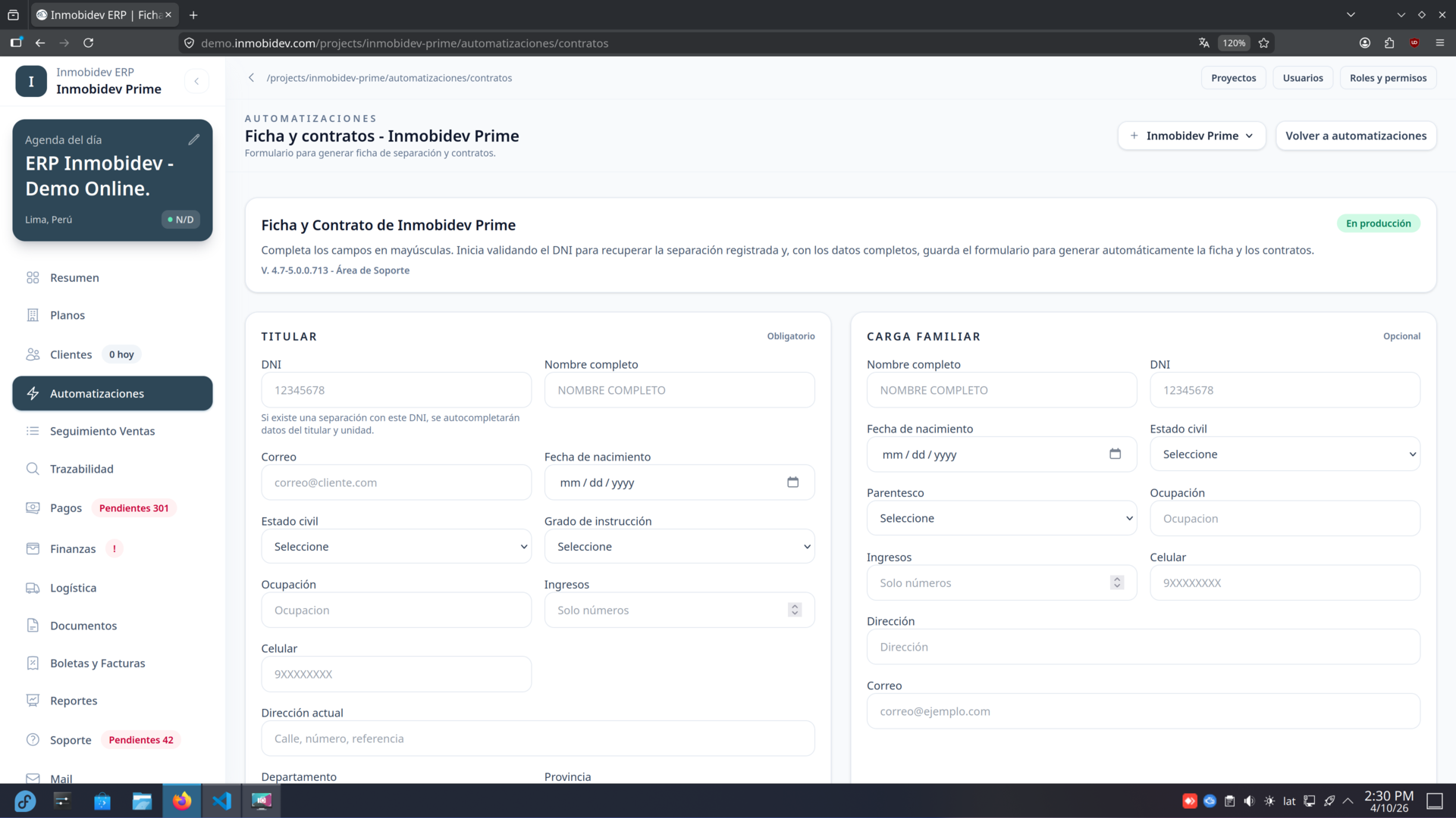 Inmobidev ERP — Generación automática de contratos y fichas de clientes