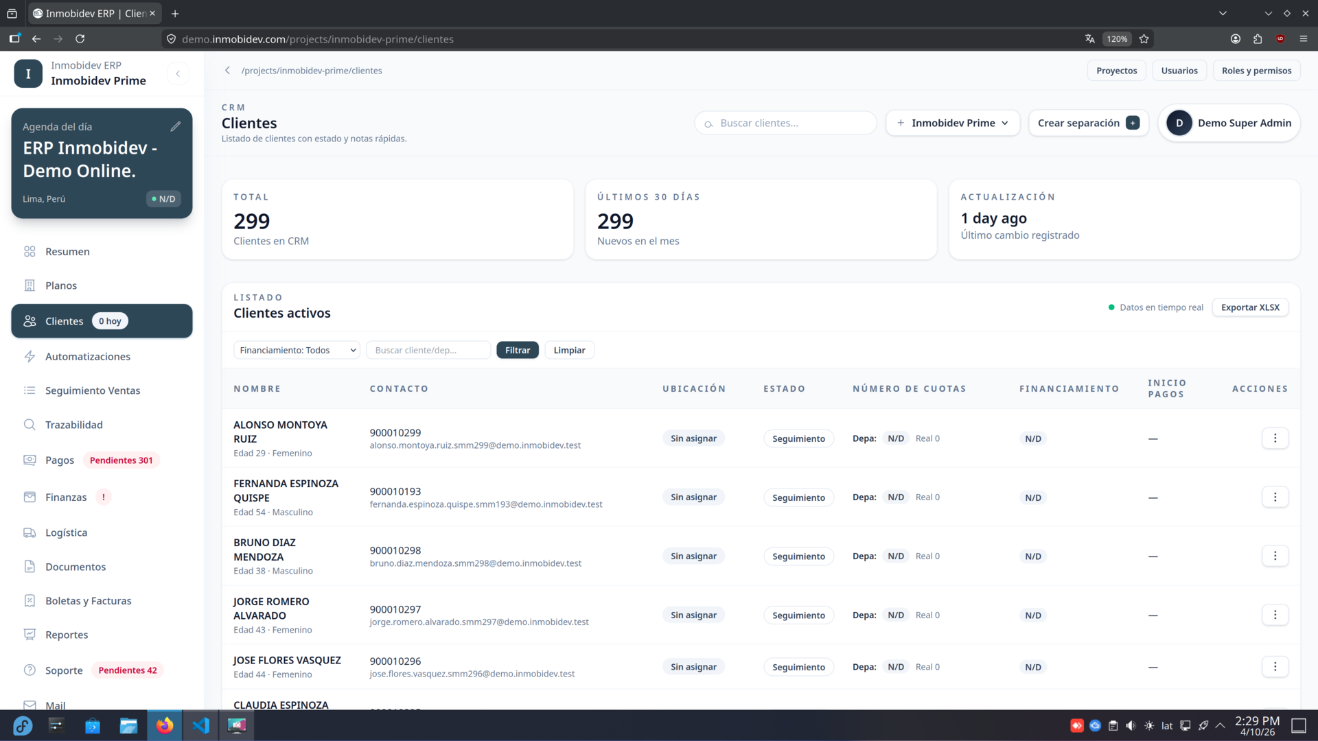 Inmobidev ERP — Gestión de clientes, separaciones y estado de pagos