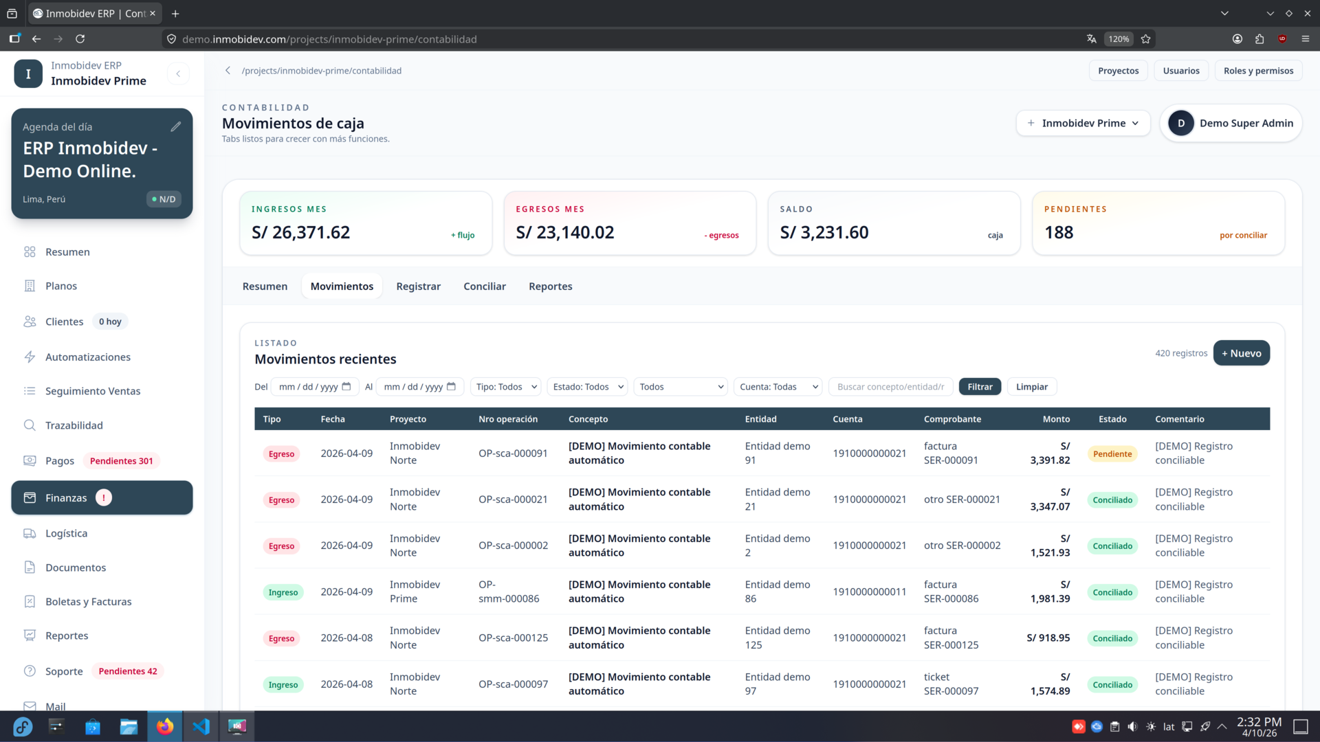 Inmobidev ERP — Módulo de contabilidad y conciliación bancaria