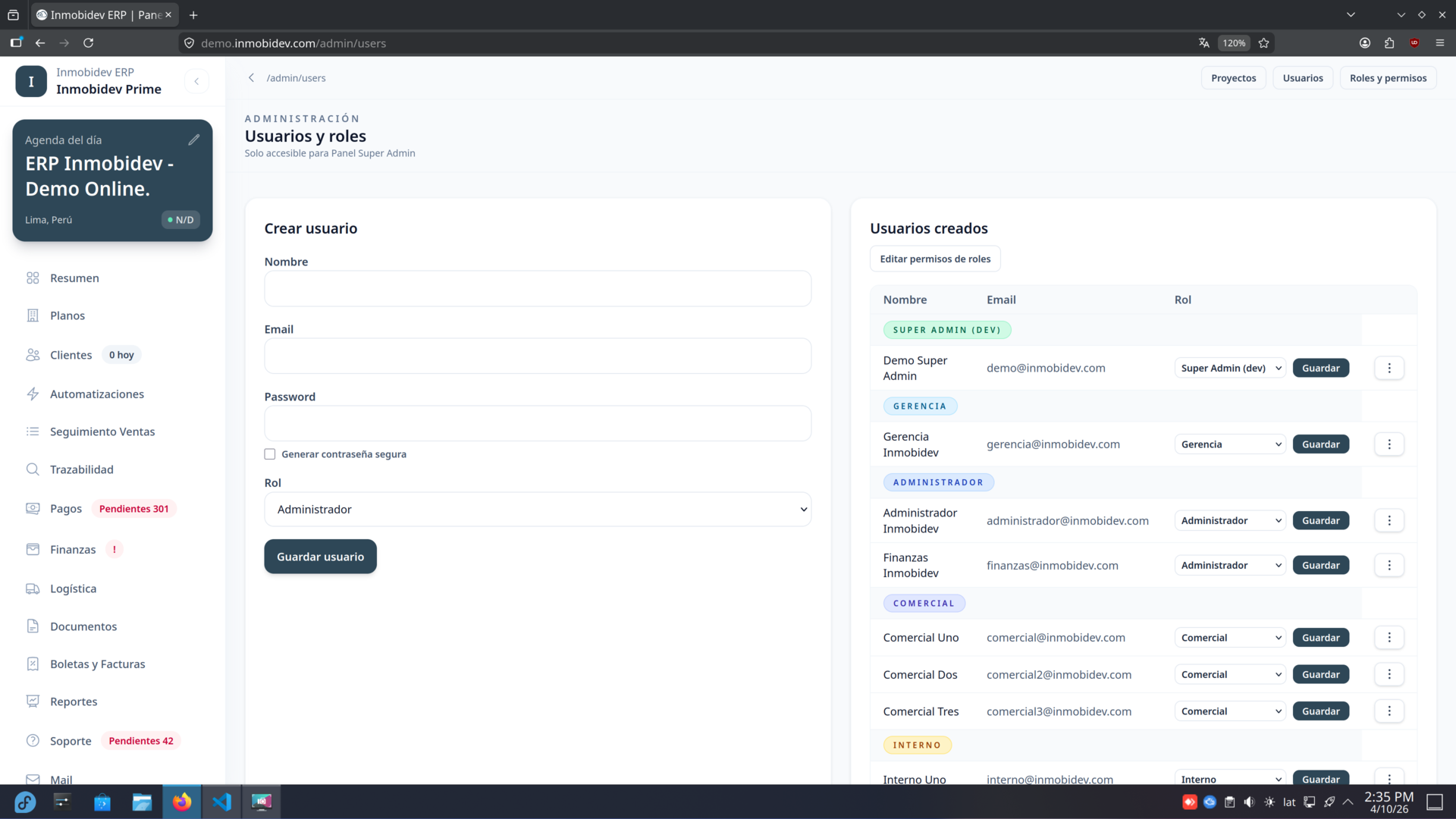 Inmobidev ERP — Gestión de usuarios, roles y permisos