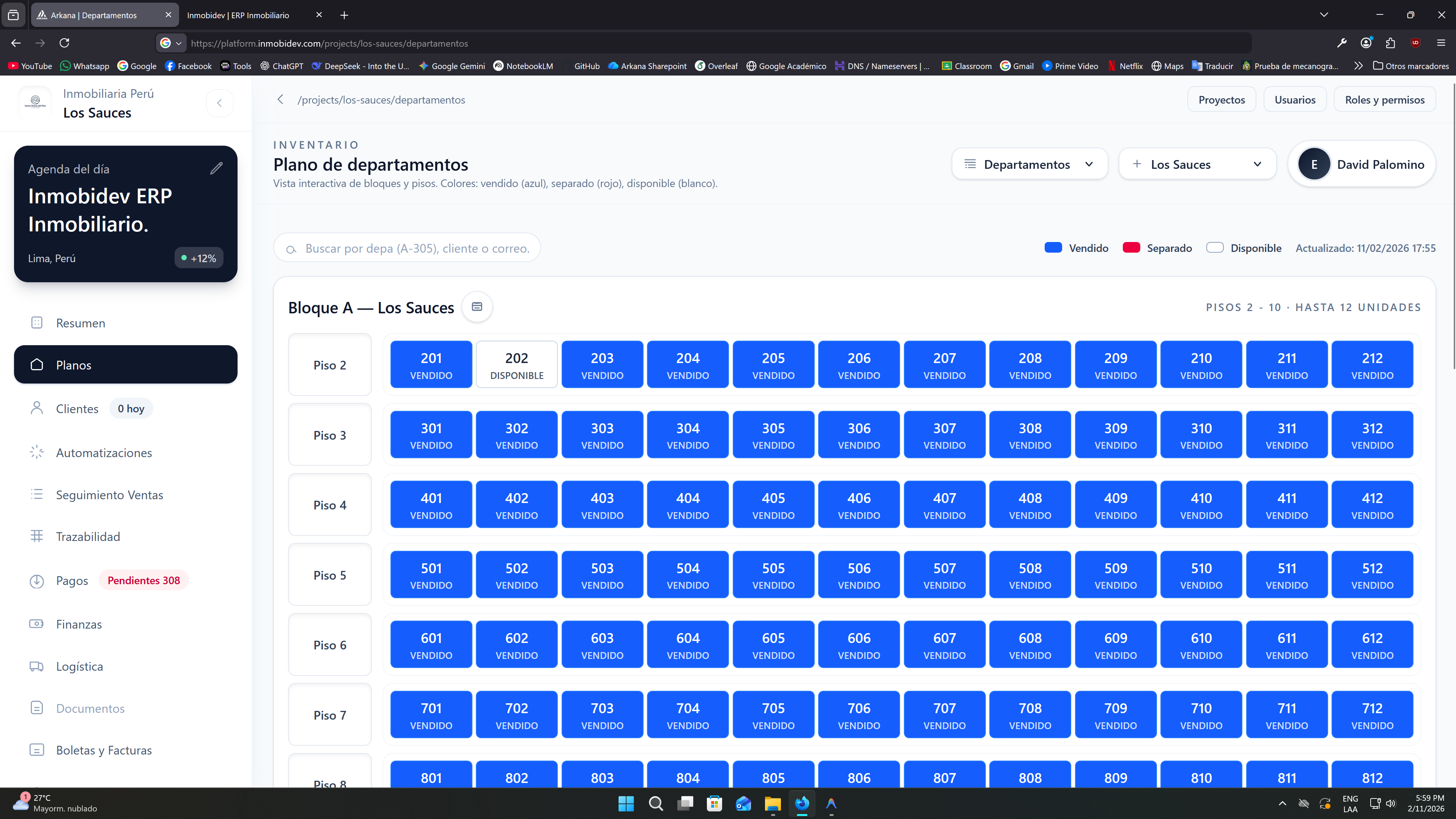 Inmobidev ERP — Plano de departamentos con vista interactiva de bloques y pisos